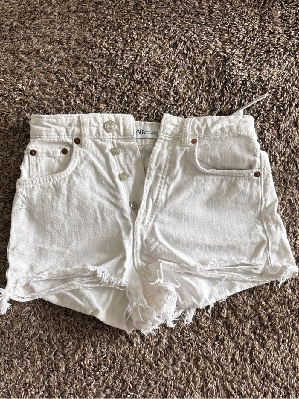 Zara White Distressed Button-Fly Denim Shorts